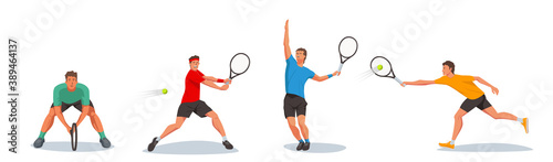 Set of tennis players holding a tennis racket and serving a ball. The athlete follows the flight of a ball with his eyes. Vector flat design character illustration
