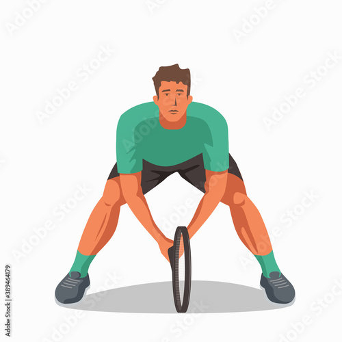 A tennis player holds a tennis racket in both hands and is ready to hit the tennis ball. A young athlete receives serve. Vector flat design illustration