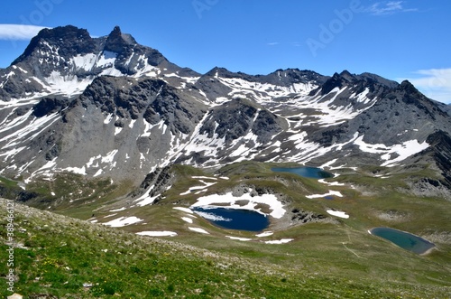 Grand Roc Noir Mountain and lakes from Lanserlia cabbage in Vanoise National Park, France