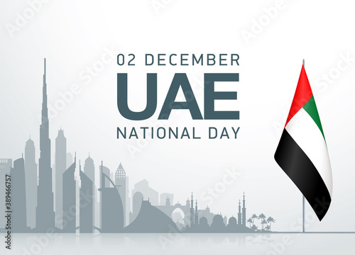 49 UAE Arabic National day banner with UAE flag. 2 december, 49 National day, Spirit of the union United Arab Emirates. Design Anniversary Celebration Card illustration with Dubai Abu Dhabi silhouette
