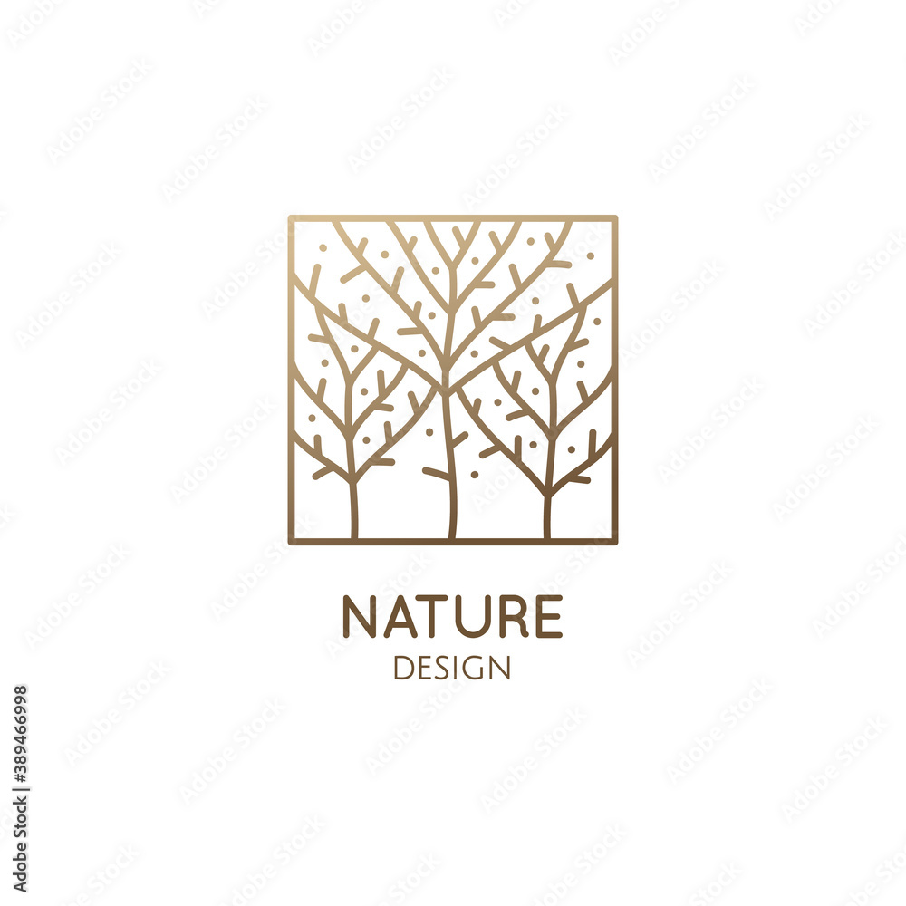 Trees logo template. Abstract outline rectangular icon of blossom garden. Vector ornamental emblem for business design, badge for a cosmetology, recycle, ecology concept, spa, health, yoga Center
