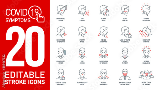 symptoms of Coronavirus Covid19 black and red line icons set isolated on white. Perfect outline medicine symbol pandemic. black red design elements virus treatment. symptoms Icons with editable Stroke