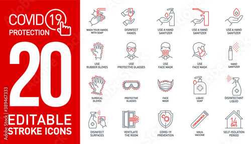 Prevention Coronavirus Covid19 black and red line icons set isolated on white. Perfect outline medicine symbol pandemic. black red design elements virus treatment. Protection Icon with editable Stroke