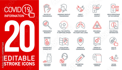 information Coronavirus Covid19 black and red line icons isolated on white. Perfect outline medicine symbol pandemic. black red design elements virus treatment. infographics Icons with editable Stroke