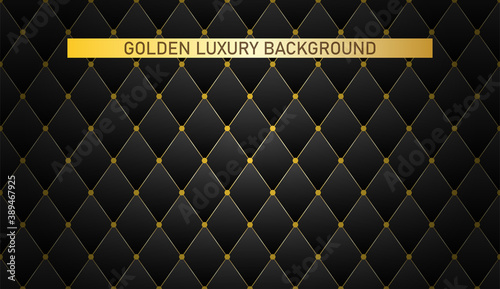 Golden luxury background. Black matte leather texture pattern. Background upholstery rich and luxury sofa. Vector abstract antique illustration. Close-up.