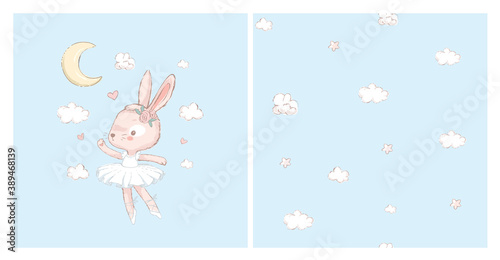 Seamless pattern with the white clouds and stars. Dancing rabbit in the background, moon and stars in the background. Can be used for baby t-shirt print, kids fashion design, baby shower card