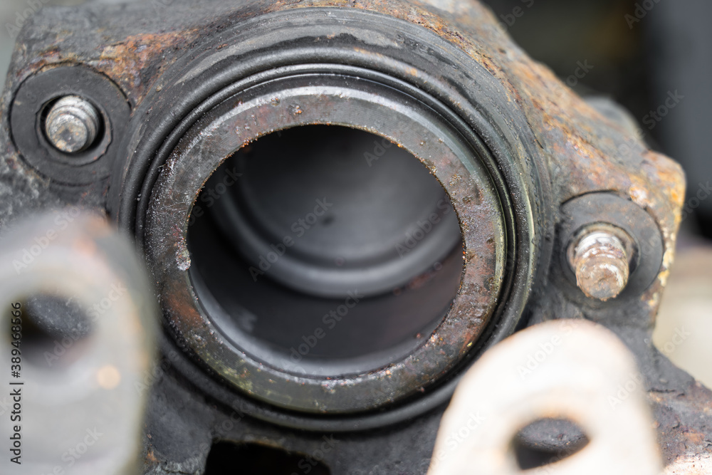Caliper brake cylinder. Close up view.