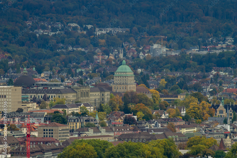 Cityscape of Zurich (Switzerland) on a dark and cloudy day in autumn