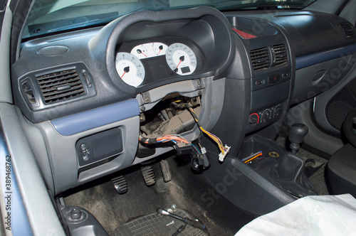 Car interior with the steering column removed