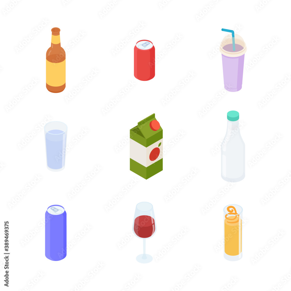 Drinks set. Isometric vector illustration in flat design. Drinks set. Isometric vector illustration in flat design.