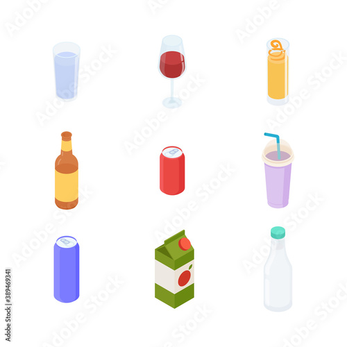 Drinks set. Isometric vector illustration in flat design.