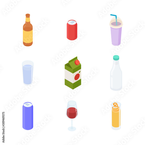 Drinks set. Isometric vector illustration in flat design.