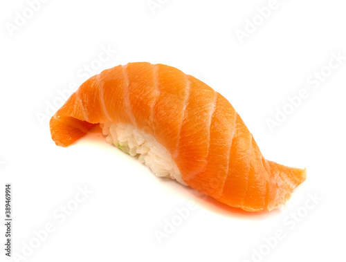 Macro photo of salmon nigiri sushi isolated