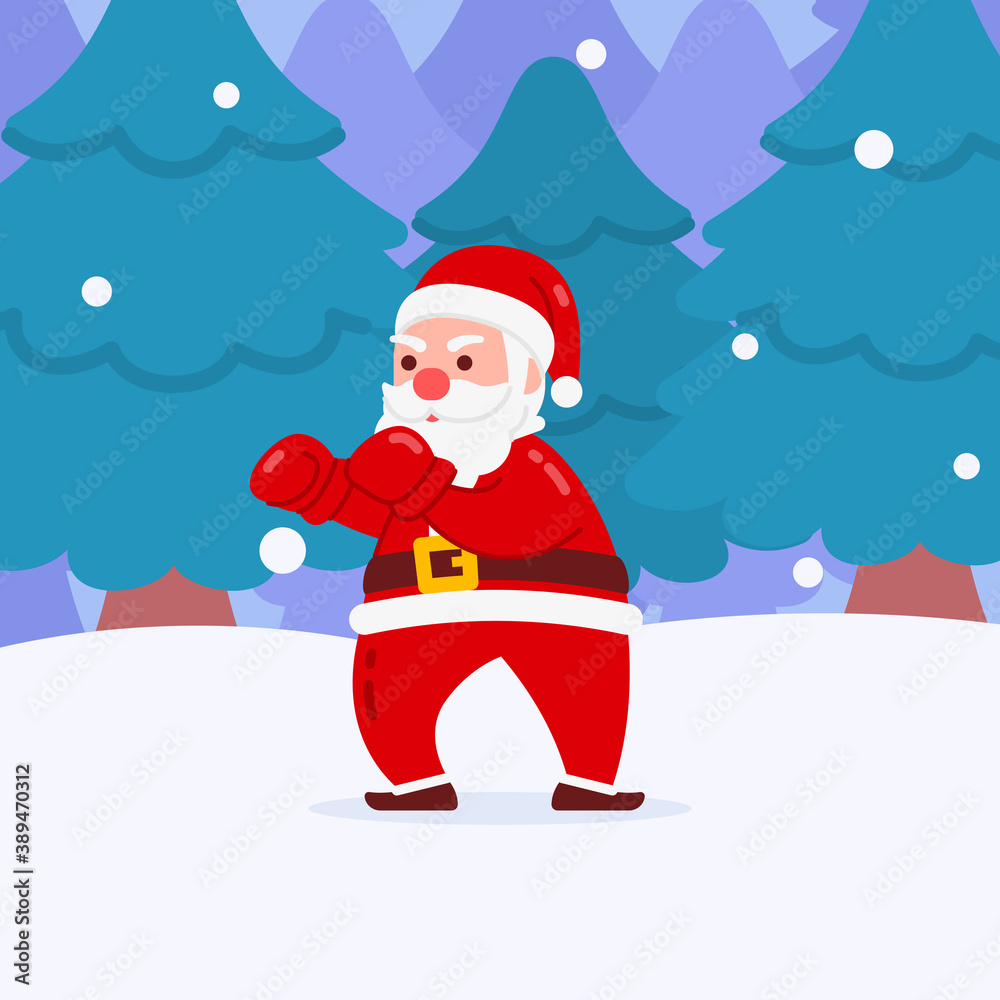 Christmas Santa Character Boxing With Snow And Winter Forest Background Flat Design