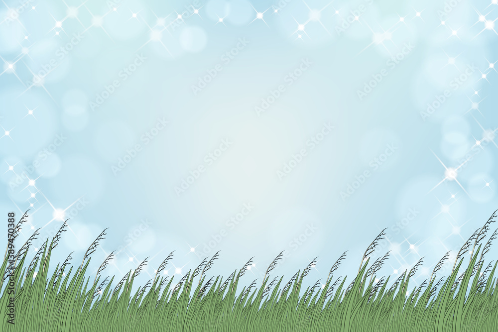 Fototapeta premium Vector summer nature background with blue sky and green grass fields,Spring background with abstract blurry bokeh sun light effect.Tamplate banner for Easter or Spring sale concept