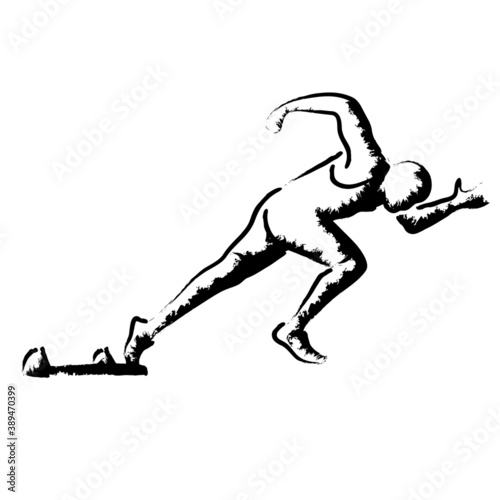 Stylized vector illustration with athlete sprinting at the starting blocks