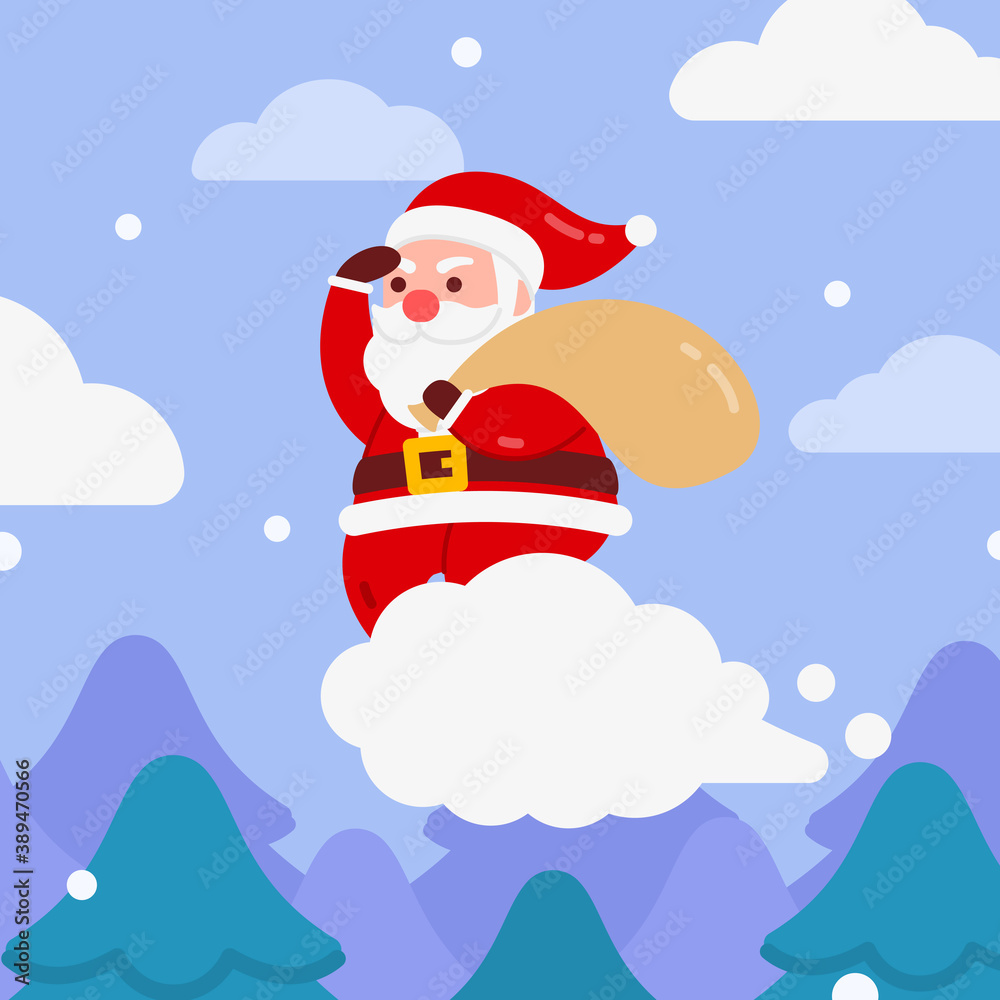 Christmas Santa Character Deliver gift by riding a cloud With Snow And Winter Forest Background Flat Design