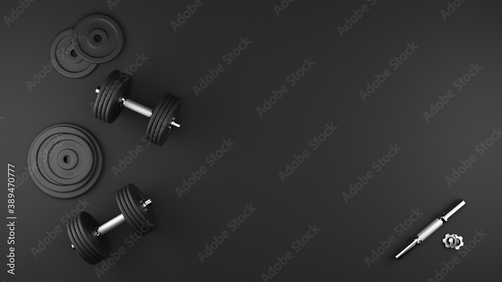 Black gym dumbbells and discs. Ideal for background. Black gym dumbbells and discs. Ideal for background.