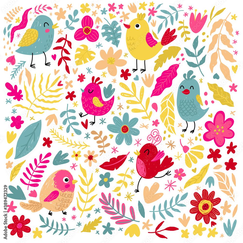 Set of cute little birds, flowers and herbs. Nature and spring print. Vector illustration.