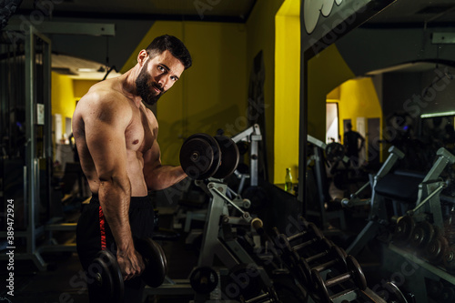 Side view on muscular man strength training at dark gym - male caucasian athlete with beard muscle workout doing bicep with dumbbells - fitness and power concept copy space