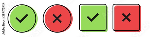 Tick and cross icons on white background. Green and red checkmark symbols. Correct and wrong symbol. Isolated yes and no sign. Approve or deny vector. Done and cancel icons in circle and square.