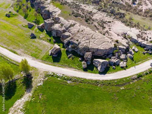 Aerial view to the byzantine ancient rocks in Phrygian valley or Frig vadisi in province of Eskisehir and Afyon in Turkey