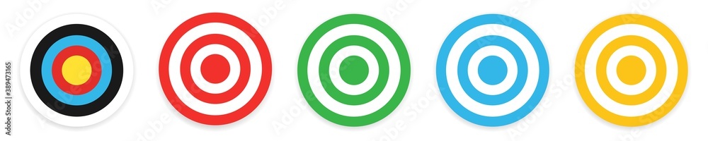 Archery target collection. Isolated bullseye dartboard on white background. Success symbol for business competition. Aim center. Target aiming in blue, red, green and yellow. Vector EPS 10. Archery target collection. Isolated bullseye dartboard on white background. Success symbol for business competition. Aim center. Target aiming in blue, red, green and yellow. Vector EPS 10.