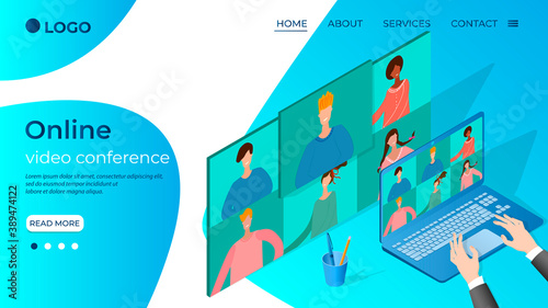 Online video conference.Concept of business negotiations online-educational scientific conference.People communicate with each other using an Internet connection.Isometric vector illustration.
