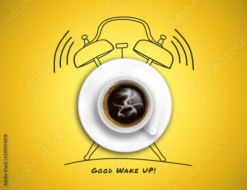 Realistic coffee cup on drawing of alarm clock