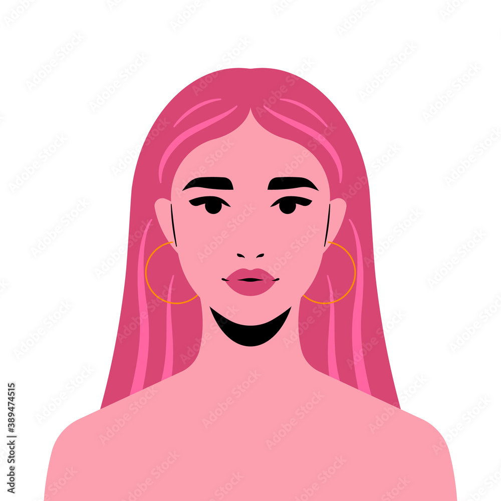 Beautiful girl with long pink hair. Abstract female character. Concept of femininity, beauty, women's rights, personal care. Good for social media, mobile app, design. Beautiful girl with long pink hair. Abstract female character. Concept of femininity, beauty, women's rights, personal care. Good for social media, mobile app, design.
