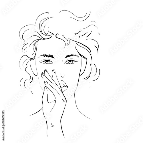 Sketch of woman making silent gesture Hand drawn line art Vector illustration isolated on white