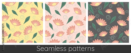 Set of seamless patterns with flowers and leaves on yellow pink and dark backgrounds. Ideal for printing into fabric and paper or scrap booking. Vector illustration.