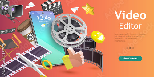 3D Isometric Flat Vector Conceptual Illustration of Mobile Video Editing App, Motion Design Studio Software, Multimedia Production.