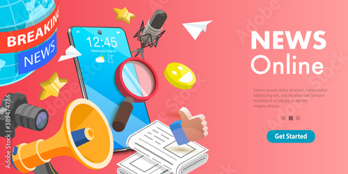 3D Isometric Flat Vector Conceptual Illustration of Online News App, Digital Worldwide Media. photo