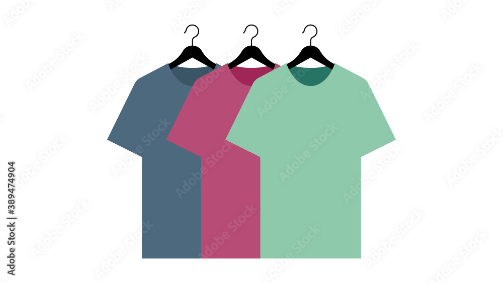 T-shirts with hangers. Vector illustration of t-shirts of different colors. Vector template. T-shirts with hangers. Vector illustration of t-shirts of different colors. Vector template.