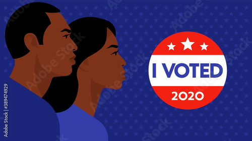 Presidential election 2020 in USA. Black Man and Black Woman in protective medicine mask and "I Voted" sticker. Blue background. Voting sign, election, american citizens.