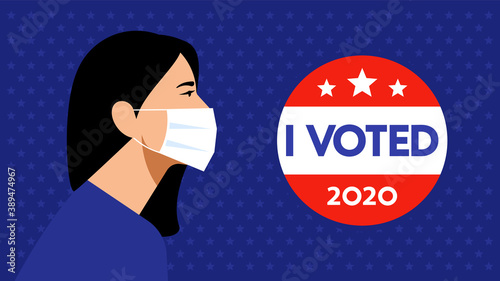 I VOTED. Presidential elections 2020 in USA. White Woman in protective medicine mask and "I Voted" sticker. Blue background. Voting sign, election, american citizens.