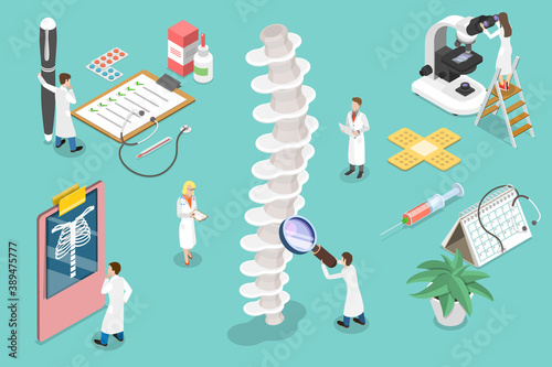 3D Isometric Flat Vector Conceptual Illustration of Diagnostics and Treatment of Spinal Disorders.