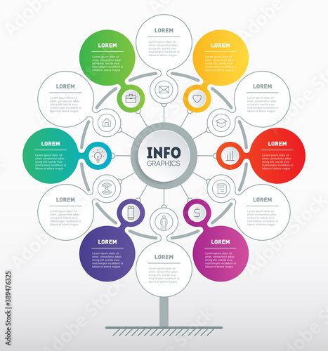 Business presentation or infographics concept with 6 or 12 options. Web Template of tree of development or diagram. Vector info graphic of technology or education process with six or twelve steps.