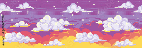 Sunset in the old pixel style. Vector 8 16 bit illustration of orange pink red sky for background of video games, app, poster, sticker.
