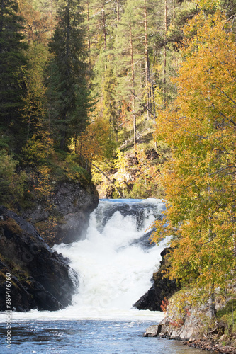 Oulanka National Park, Pieni Karhunkierros hiking trail. Jyrävä waterfall as one of the largest in Finland, shot during autumn foliage. 