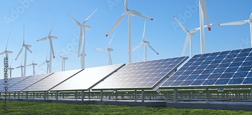 Renewable energy park with windmills and solar panels. photo