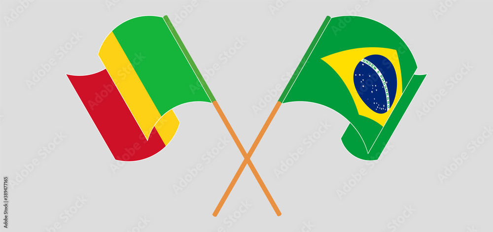 Crossed and waving flags of Mali and Brazil Crossed and waving flags of Mali and Brazil