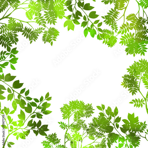 Background frame made of green leaves. Mixed media. Vector illustration