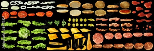 Set ingredients for flying burger preparation isolated.