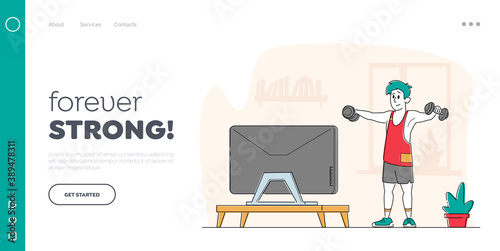 Healthy Lifestyle Landing Page Template. Sportsman Training at Home front of Television. Character in Sportswear Workout