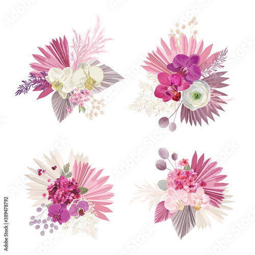 Floral tropical bouquet boho collection. Watercolor tropic flowers and leaves. Vector design isolated elements