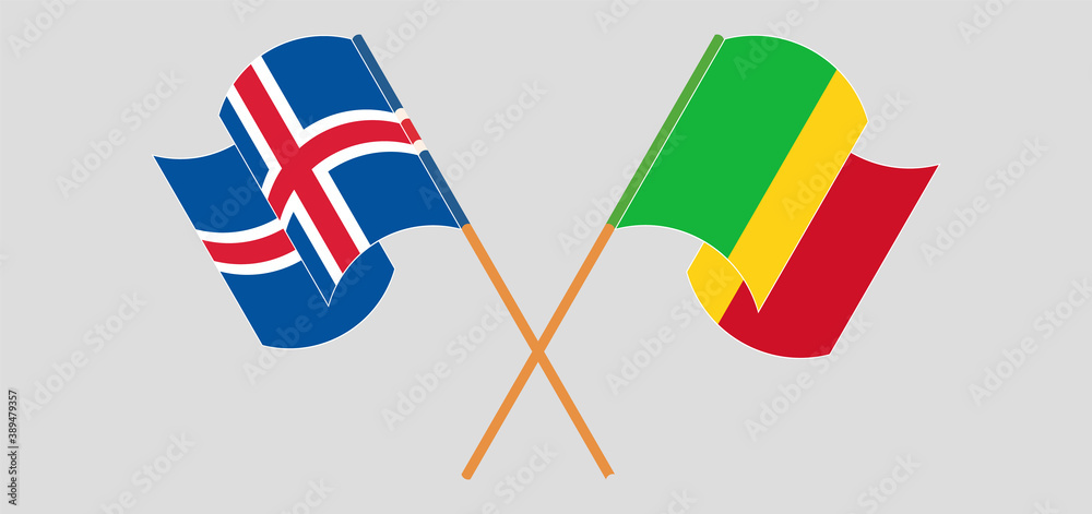 Crossed and waving flags of Mali and Iceland Crossed and waving flags of Mali and Iceland