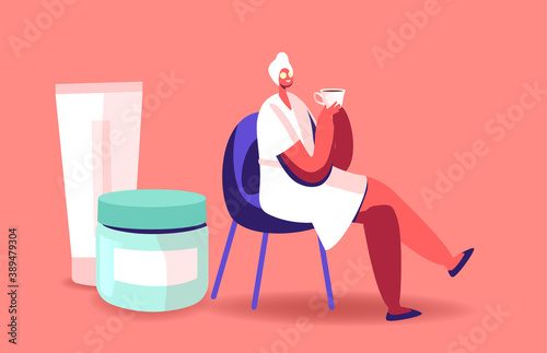 Woman Applying Natural Moisturizing Mask. Female Character in Towel and Robe with Cucumber Slices on Eyes Drink Tea