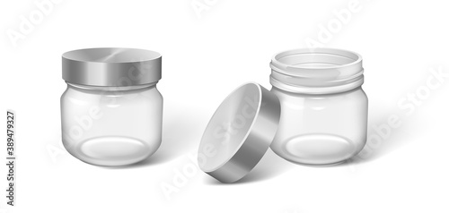 Cosmetic jar. Realistic cream bottle set. Transparent containers without logo